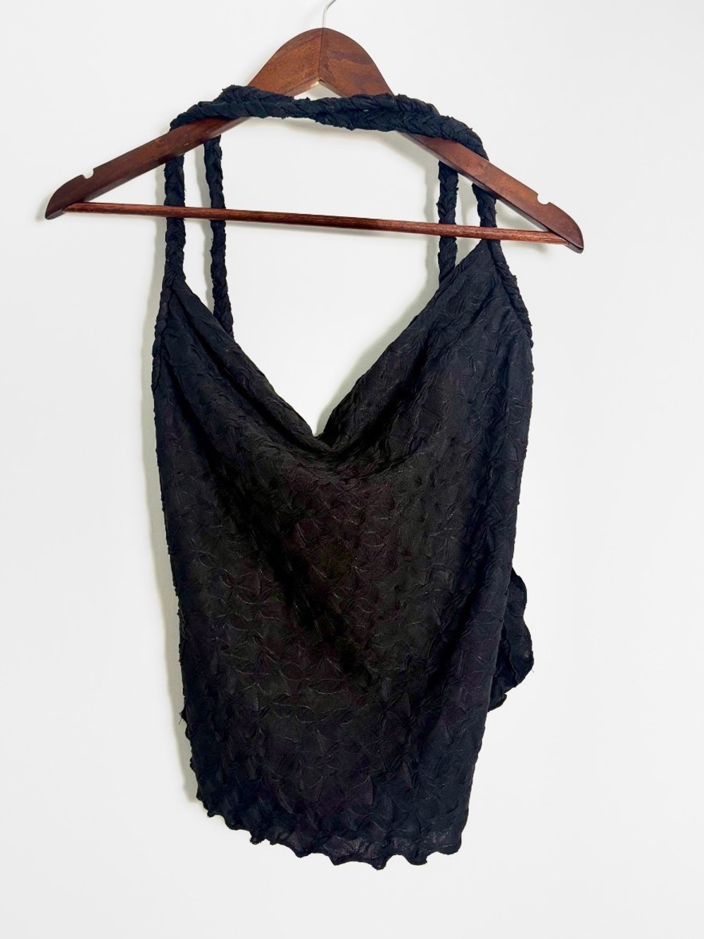 New NWT Free People Black Texture Drape Neck Braided Strap Halter Tank Top Sz XS